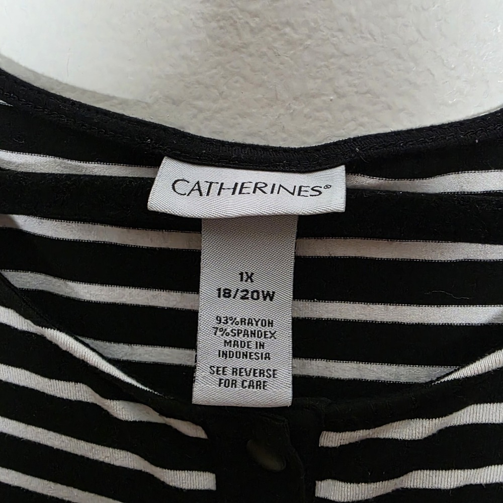 Catherines 1X‎ Black White Striped Midi Shift Dress Pockets Stretch Casual - Picture 6 of 7